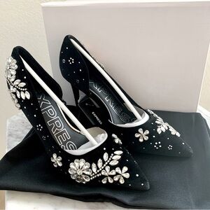 Express Black Velvet Rhinestone Embellished Stiletto Heels